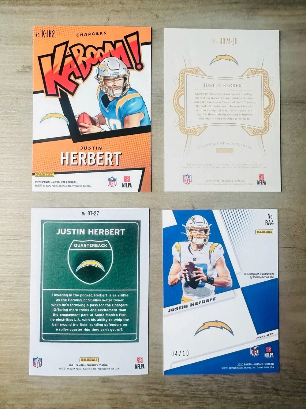 Justin Herbert Signed Rookie Lot of (4) Kaboom Downtown Novelty Cards.